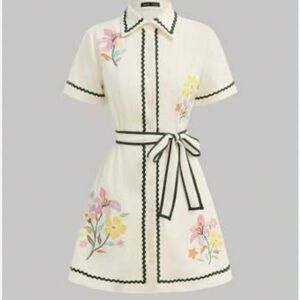 SHEIN Embroidered Button Front Collared Belted Shirt Dress‎ Cream Green Floral L
